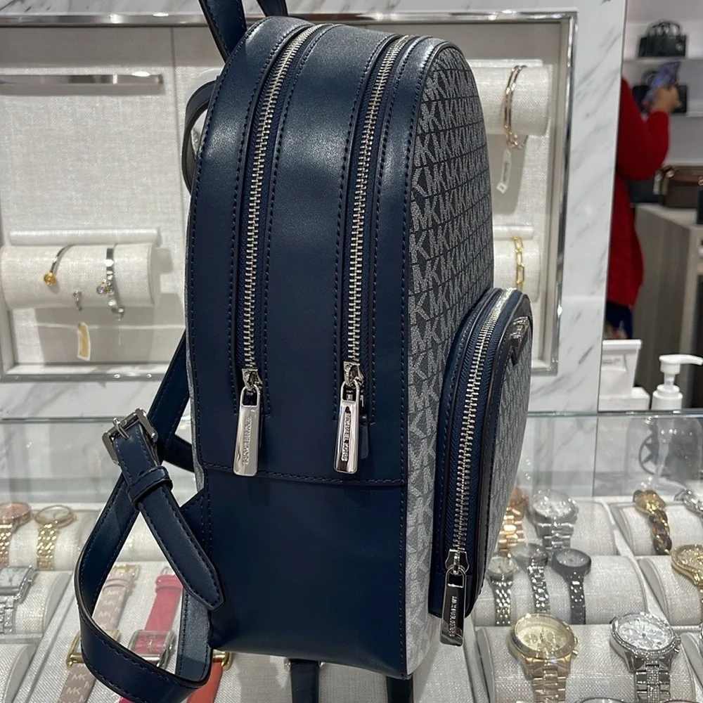 MICHAEL KORS Jaycee Medium Ombré Signature Logo Zip Pocket Backpack Navy NWT